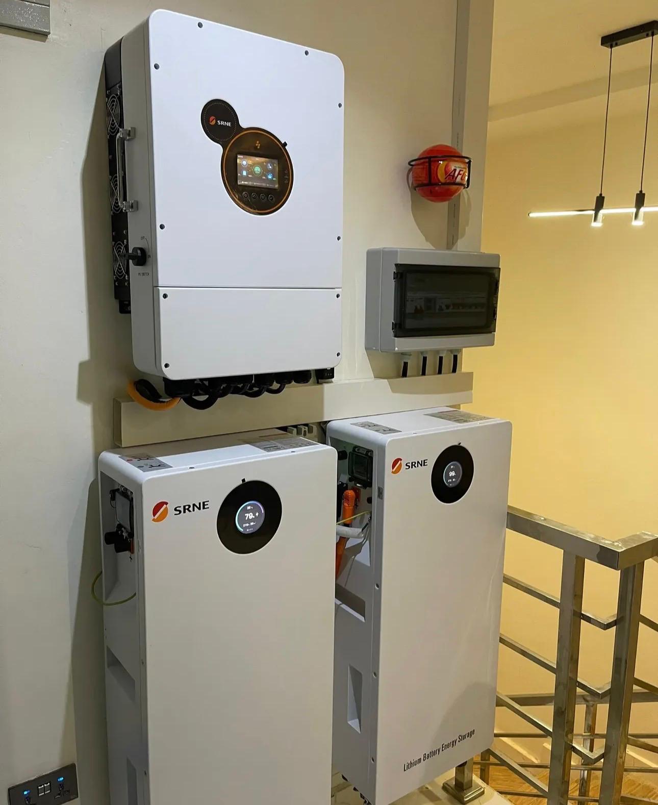 SRNE Solar 10kW inverter with 20kWh lithium battery and 12 600W solar panels