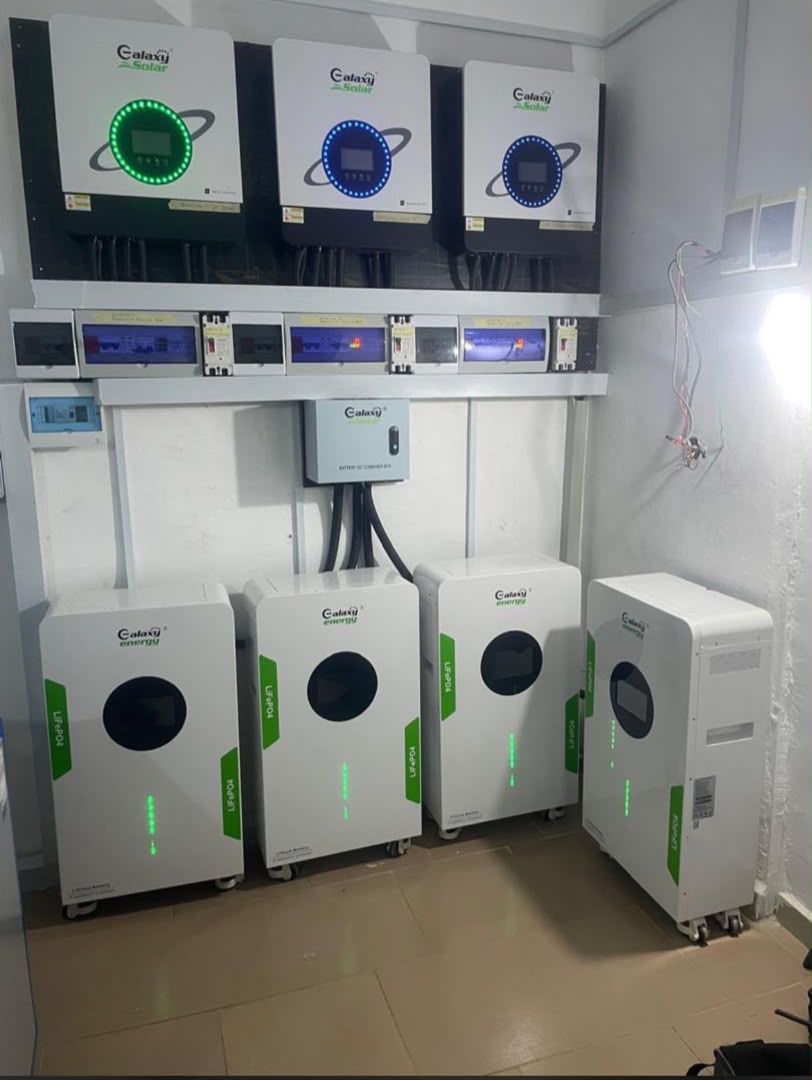 Galaxy 33kVA hybrid inverter with 64kWh lithium battery and 620W solar panels